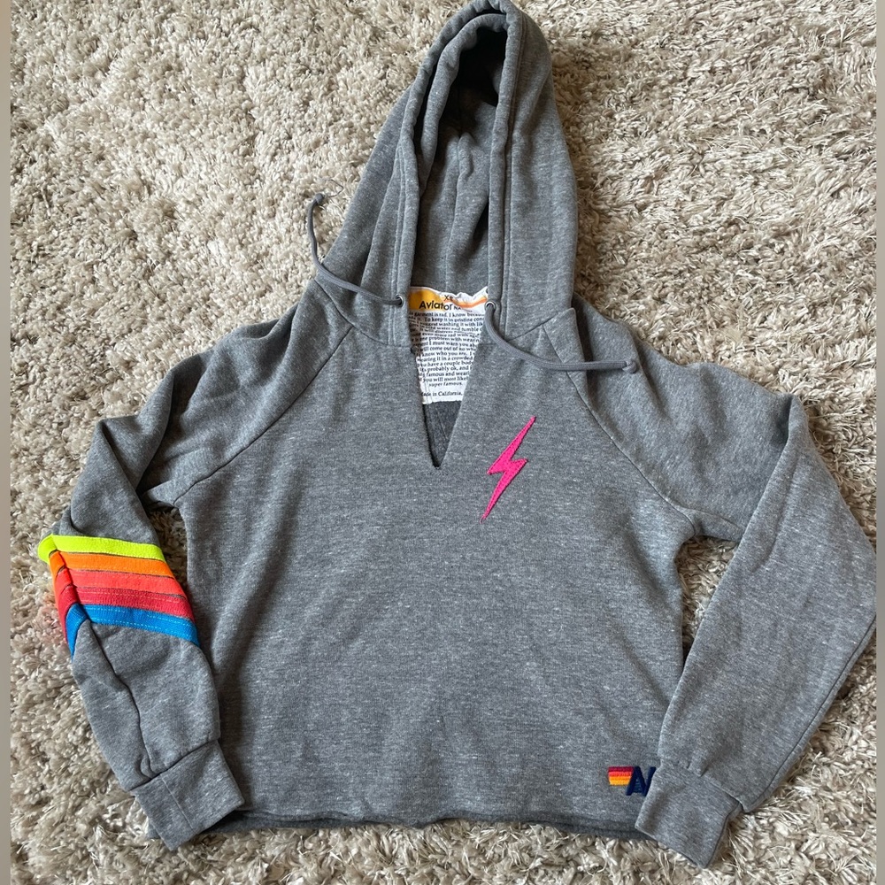 Aviator Nation -Bolt Stitch Chevron, Split Neck Cropped Pullover - Grey, Size XS